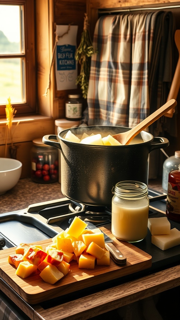 Rustic kitchen scene with cast-iron pot melting beef fat, wooden spoon, and glass jar of tallow on a countertop.